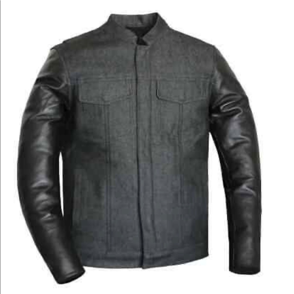 Motorcycle Mens Black Denim Leather Vest Jacket Biker Style Concealed Carry